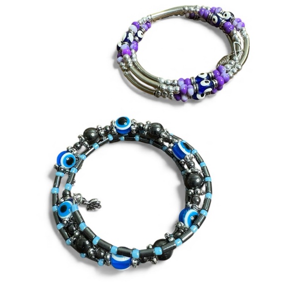 Evil Eye Beaded Wrap Bracelet Bundle Blue Purple Glass Acrylic Hematite - Picture 1 of 12